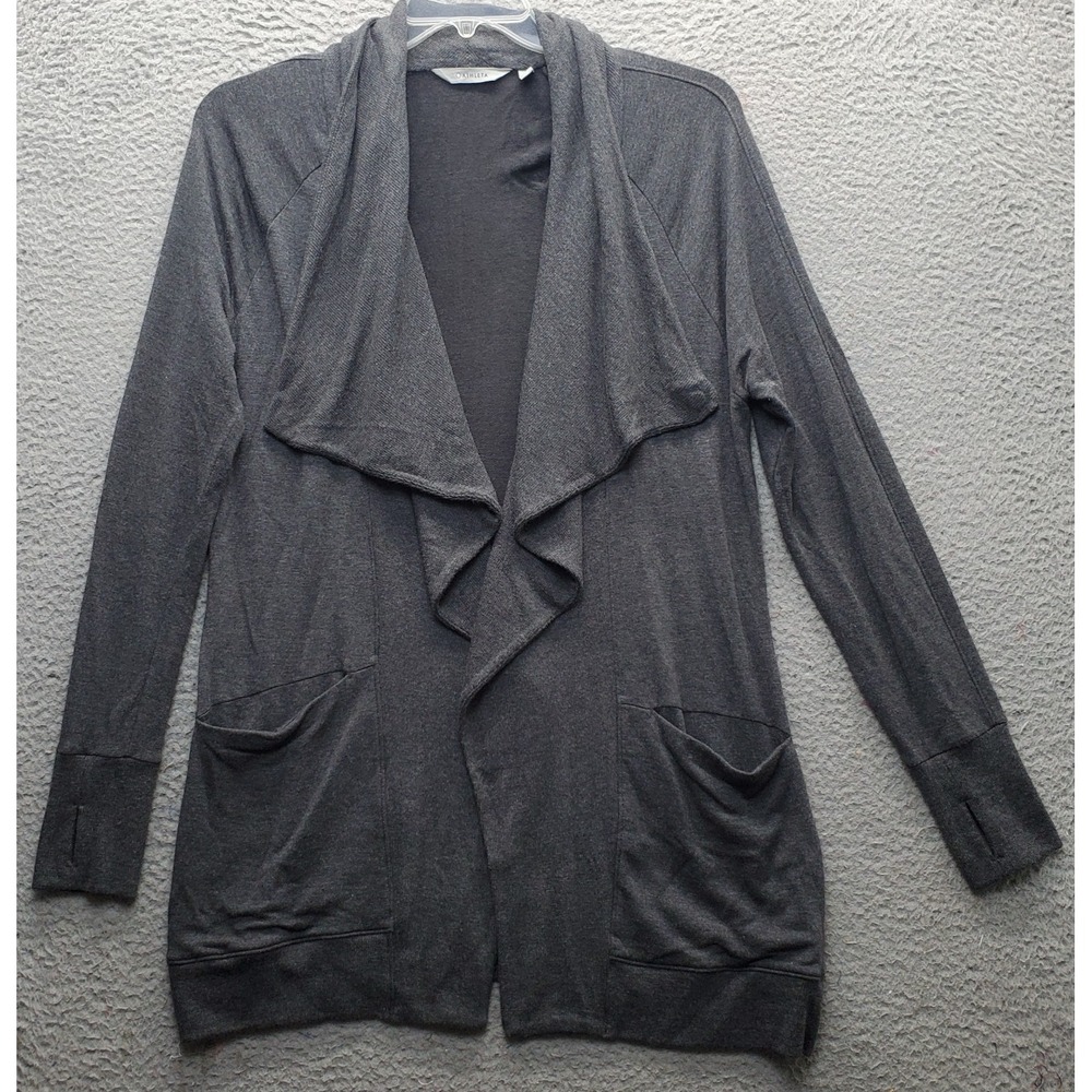 Athleta Cardigan Womens Small Gray Stretch Thumb Hole Sleeve Open‎ Draped Front